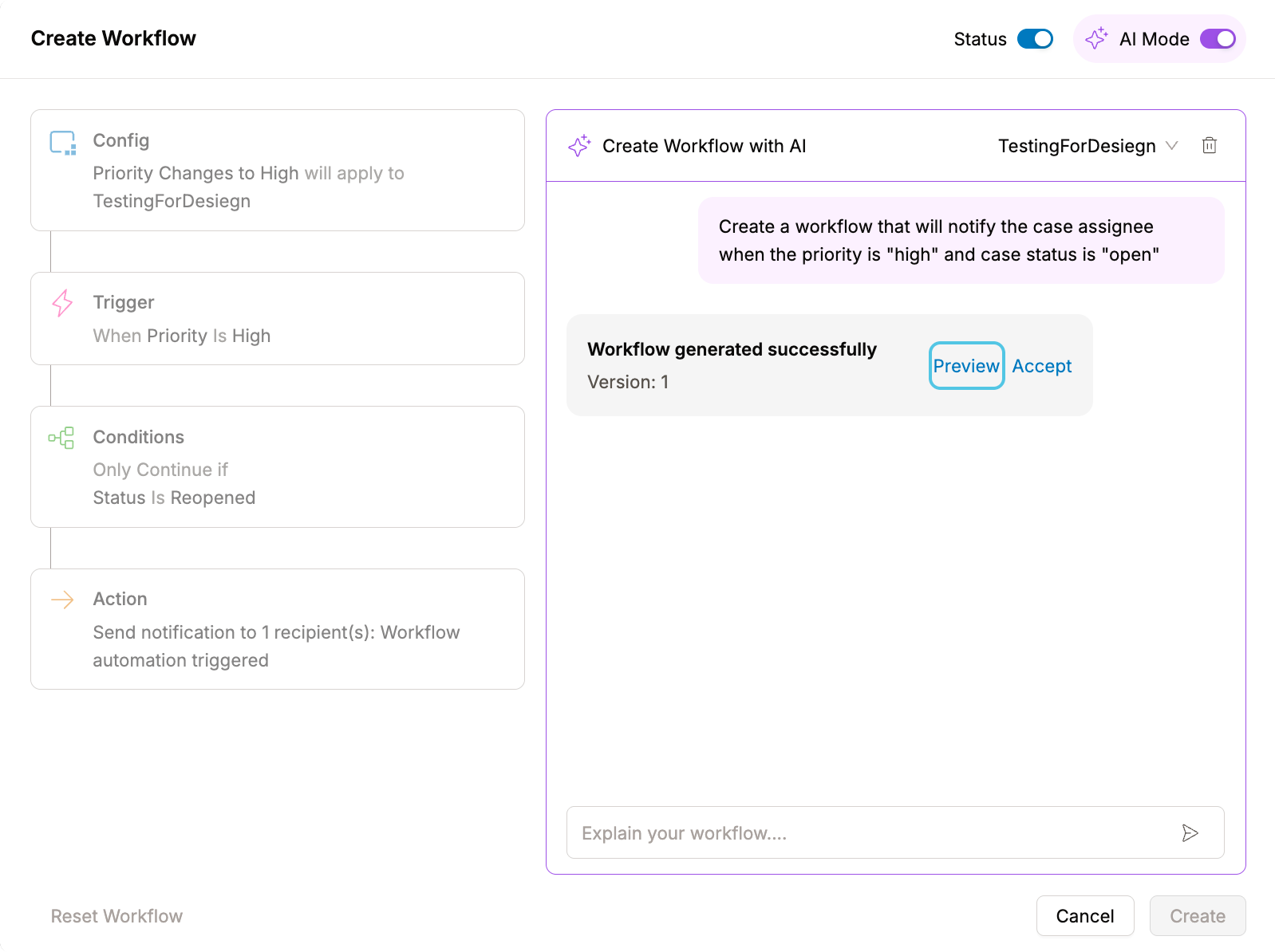 Avikto AI workflow builder showing automated case routing rules