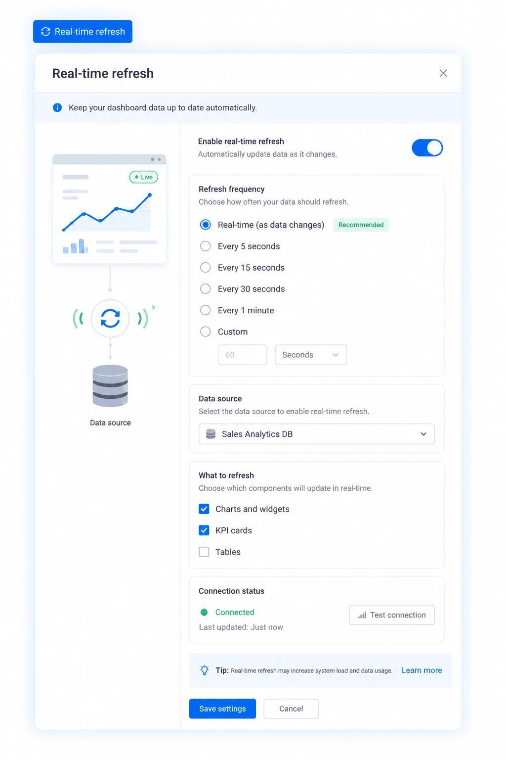 Real-time refresh settings panel